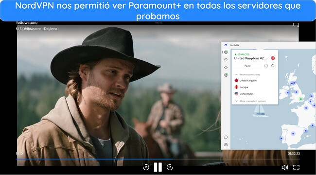 Máscara amarilla con logotipos de Paramount+ y NordVPN, representando cómo ver Yellowstone a través de streaming