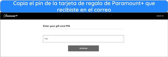 Captura de pantalla: Canje de tarjeta regalo Paramount Plus
